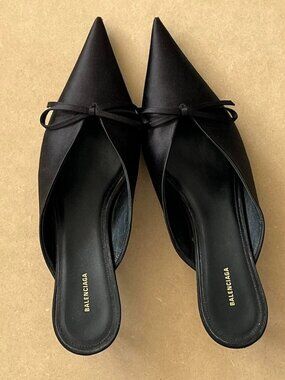 BALENCIAGA KNIFE KITTEN HEEL MULES--BLACK SILK SIZE 10 EXCELLENT CONDITION